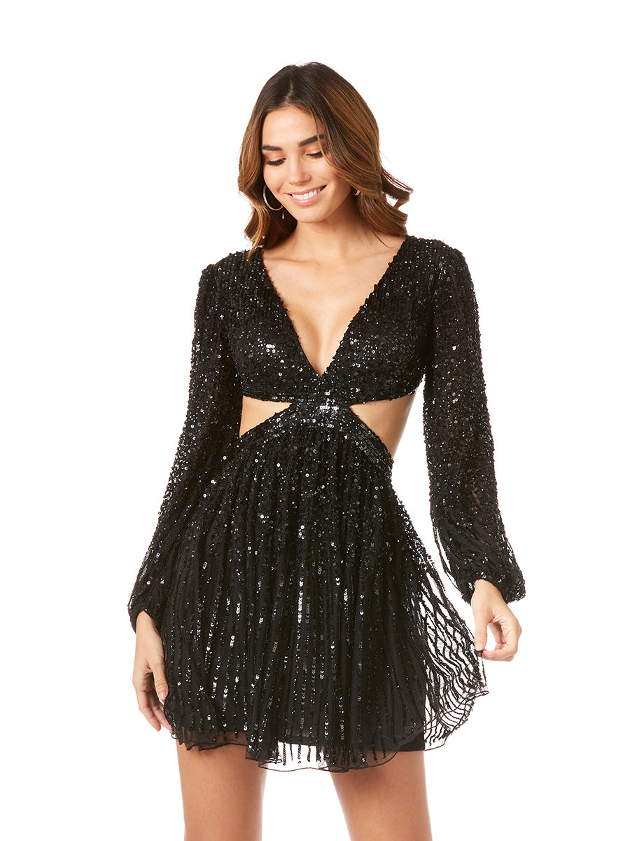 Lara 29288 Long Sleeve Cut Out Short Prom Dress Sequin Mesh Homecoming Cocktail attire