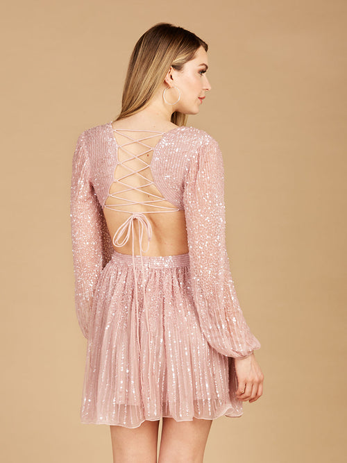 Lara 29288 Long Sleeve Cut Out Short Prom Dress Sequin Mesh Homecoming Cocktail attire