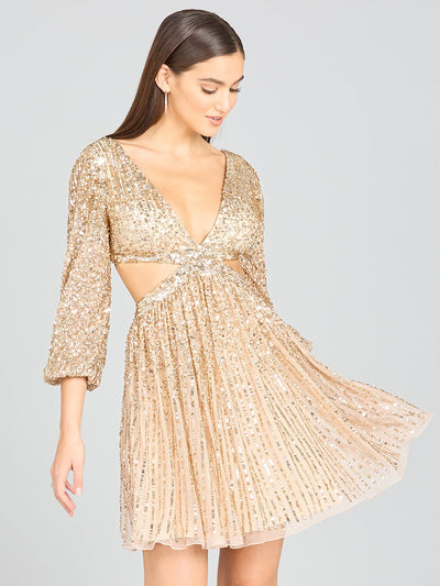 Lara 29288 Long Sleeve Cut Out Short Prom Dress Sequin Mesh Homecoming Cocktail attire