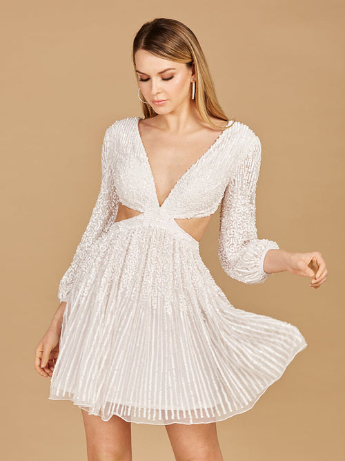 Lara 29288 Long Sleeve Cut Out Short Prom Dress Sequin Mesh Homecoming Cocktail attire