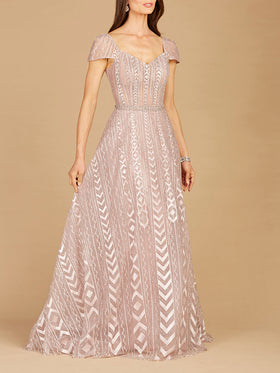 Lara 29301 Antique rose Cap Sleeve Beaded Lace Ball Gown