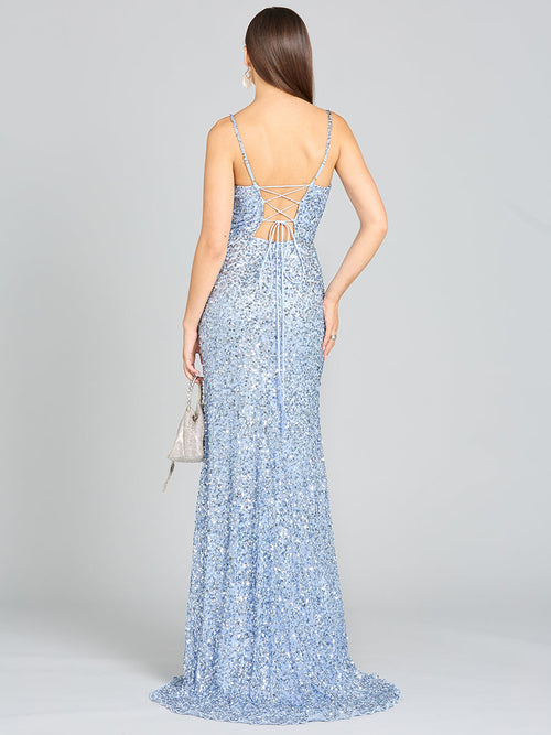 Beaded V Neck Dress with Slit