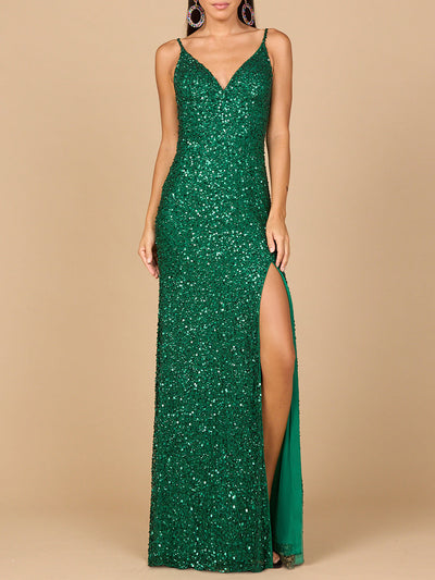Lara 29310 Beaded V Neck Long Sequin Evening Prom Dress with Slit