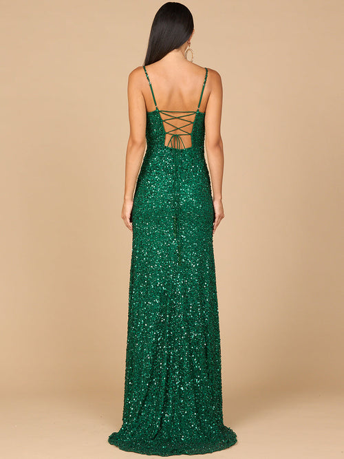 Beaded V Neck Dress with Slit
