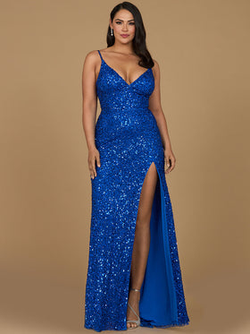 Lara 29310 Beaded V Neck Long Sequin Evening Prom Dress with Slit