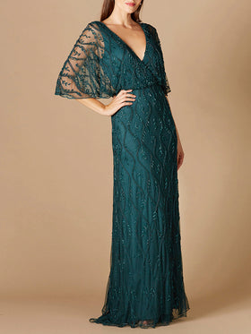 Lara 29319 V-Neck Beaded Gown with Cape Sleeves