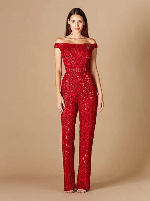 Lara 29323 Beaded Off the Shoulder Jumpsuit