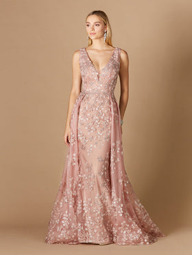 Blush Floral Applique Sleeveless Overskirt Formal Dress by Lara 29324