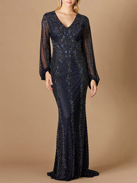 Lara 29338 Navy Long Sleeve V-Neck Beaded Mermaid Gown
