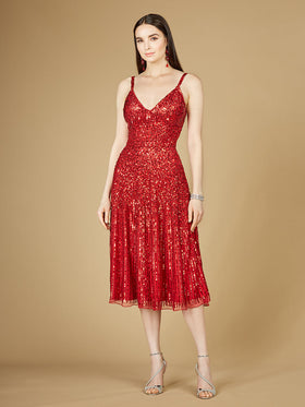 Lara 29347 A-Line Sequin V-Neck Midi Semi Formal Dress
