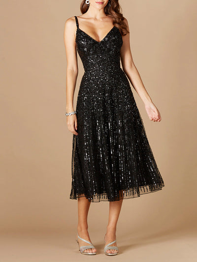 Lara 29347 A-Line Sequin V-Neck Midi Semi Formal Dress