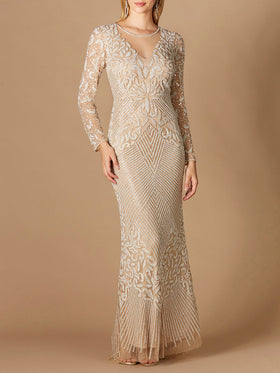 Lara 29360 Ivory/Nude Long Sleeve Beaded Gown