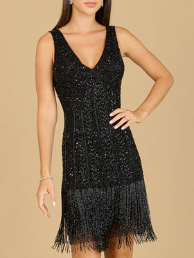 Lara 29361 V-Neck Beaded Fringe Cocktail Dress