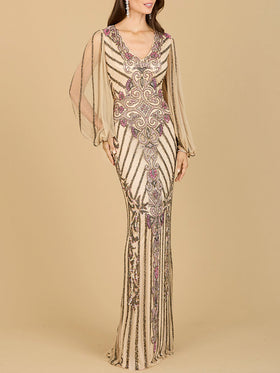 Lara 29369 Long Flutter Sleeve Beaded Gown