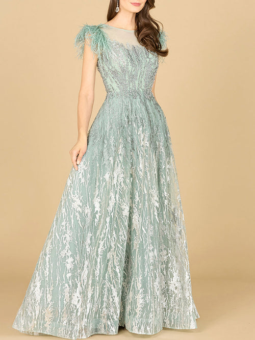 Lara 29475 Lace Beaded ballgown with Feather Cap Sleeves