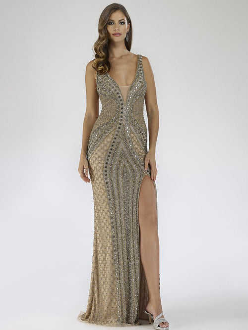 Lara 29499 - Embellished Long Dress with Thigh High Slit