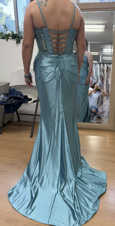 Elegant Embroidered Satin Prom Dress with High Slit & Corset Back By May Queen MQ2183