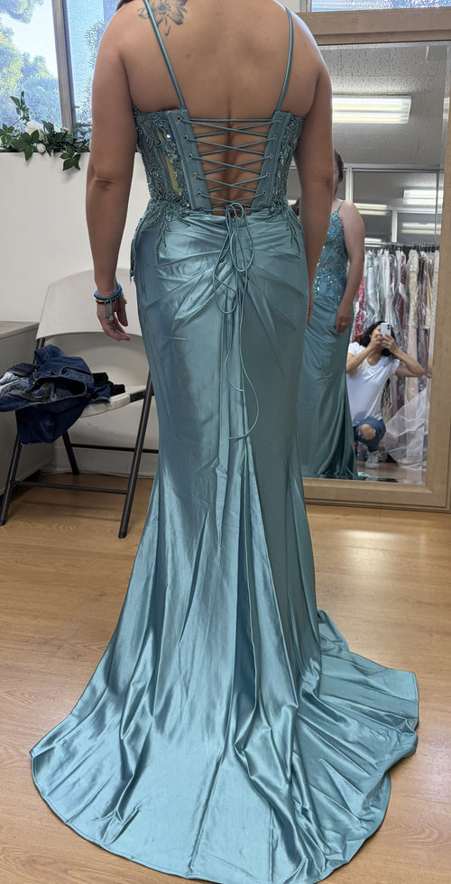 Elegant Embroidered Satin Prom Dress with High Slit & Corset Back By May Queen MQ2183