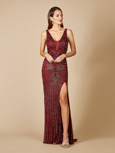 Lara 29528 - Thigh High Slit Beaded Gown