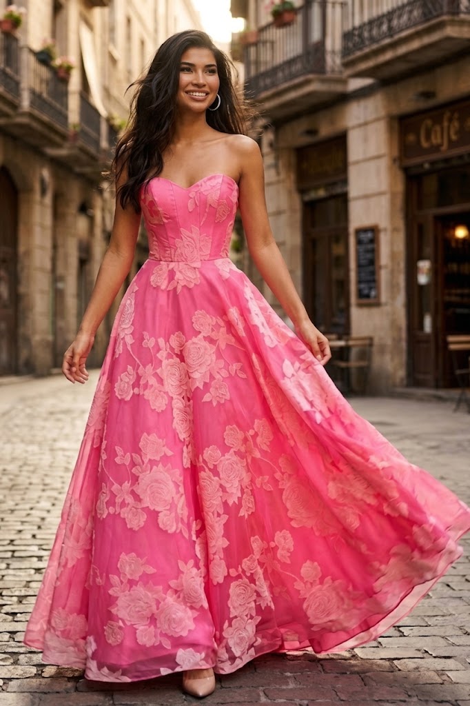 Strapless Floral Organza A-line Gown with Corset Bodice Sweetheart Formal Prom Dress by Jovani 47327