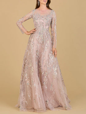 Lara 29618 Mauve Long Sleeve Beaded Lace A-Line Gown