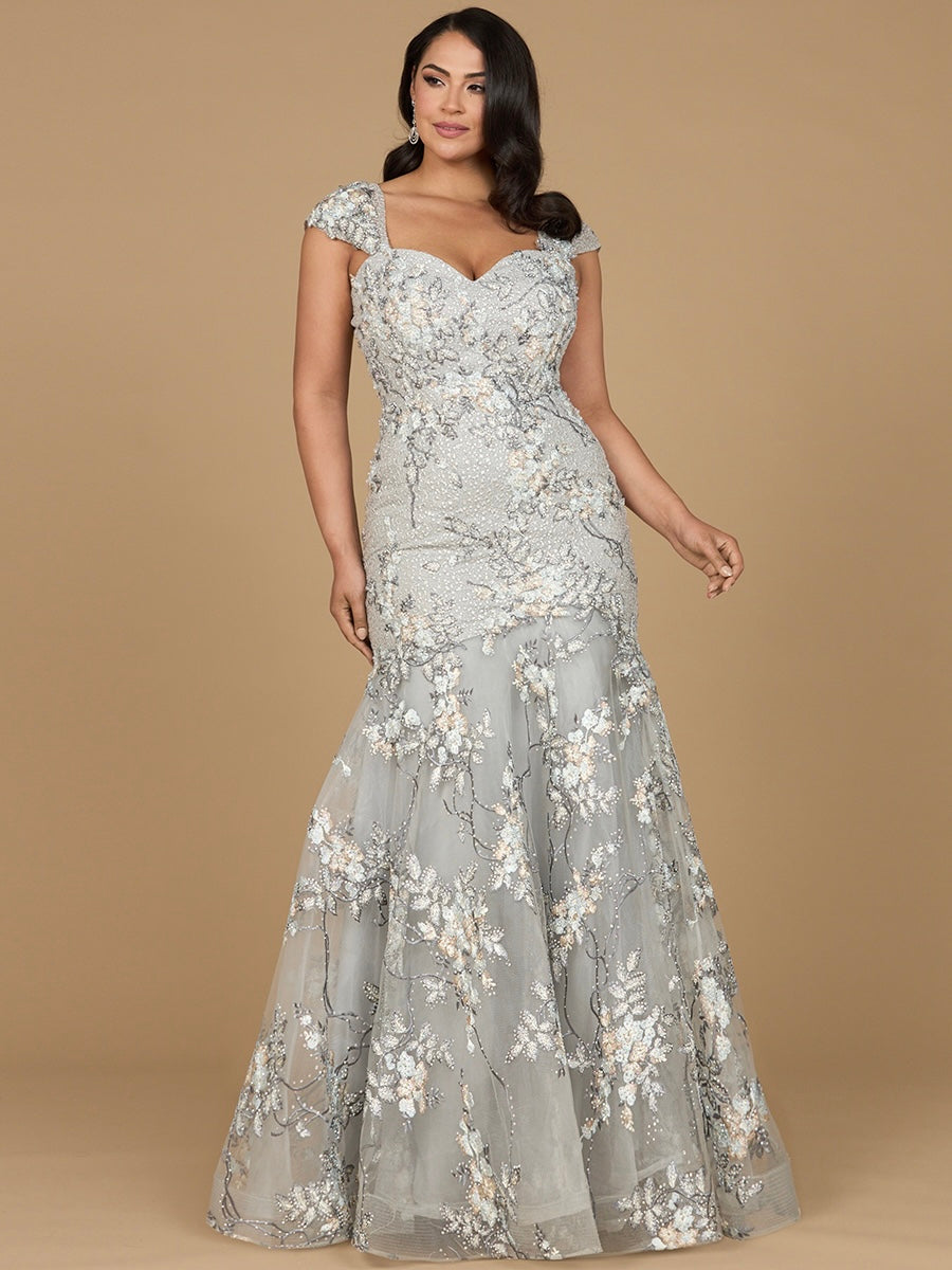 grey lace mermaid dress Lara 29642 3D Floral Appliqués