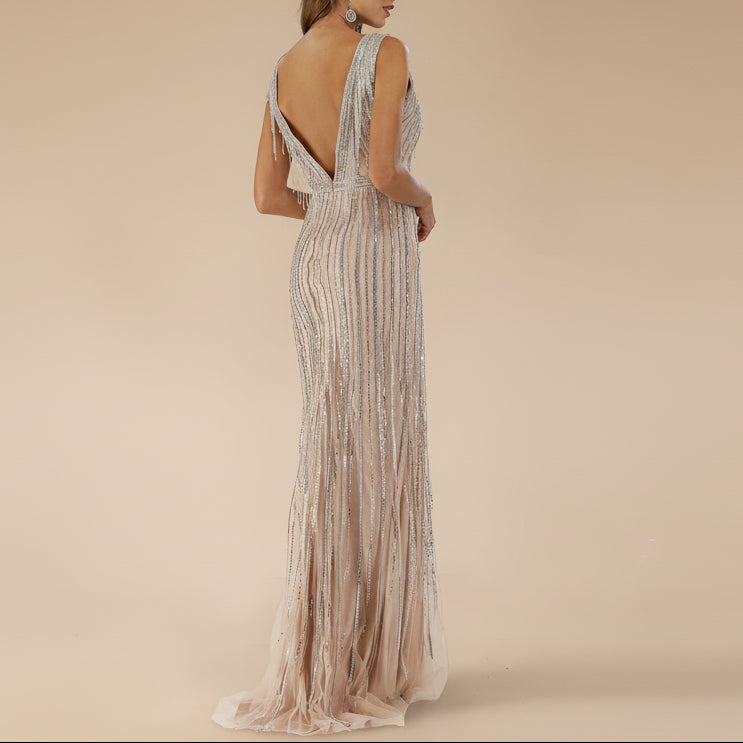 Lara 29680 Nude/Silver Plunging V-Neck Linear Beaded Evening Gown