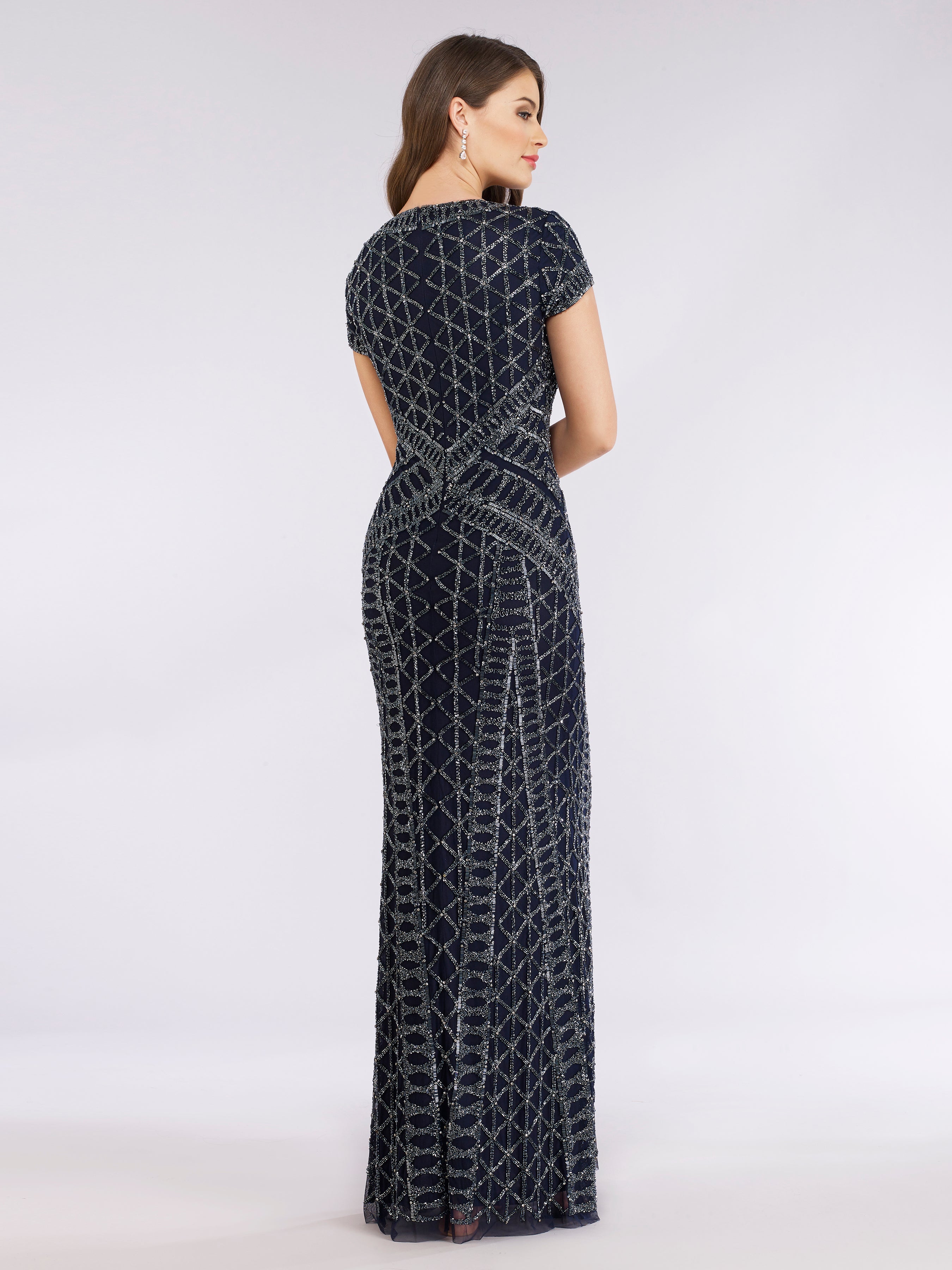 Lara 29746 - Beaded V-Neckline Dress with Cap Sleeves