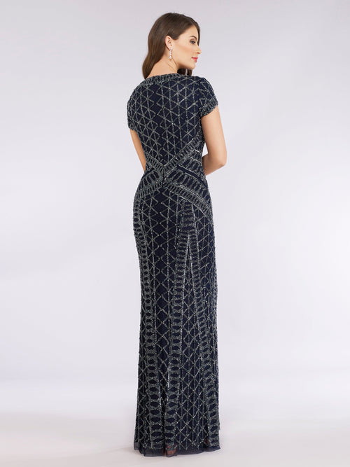 Lara 29746 - Beaded V-Neckline Dress with Cap Sleeves
