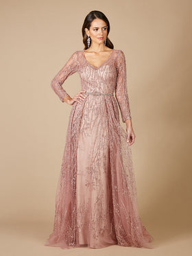 Lara 29782 Long Sleeve Lace Gown with Overskirt