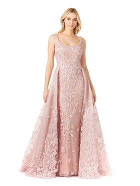 Lara 29786 Dusty Purple Scoop Neck Lace Gown with Overskirt