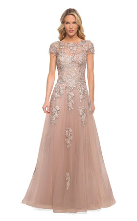 La Femme 29829C Tulle Beaded Embroidered Short Sleeves Formal Dress