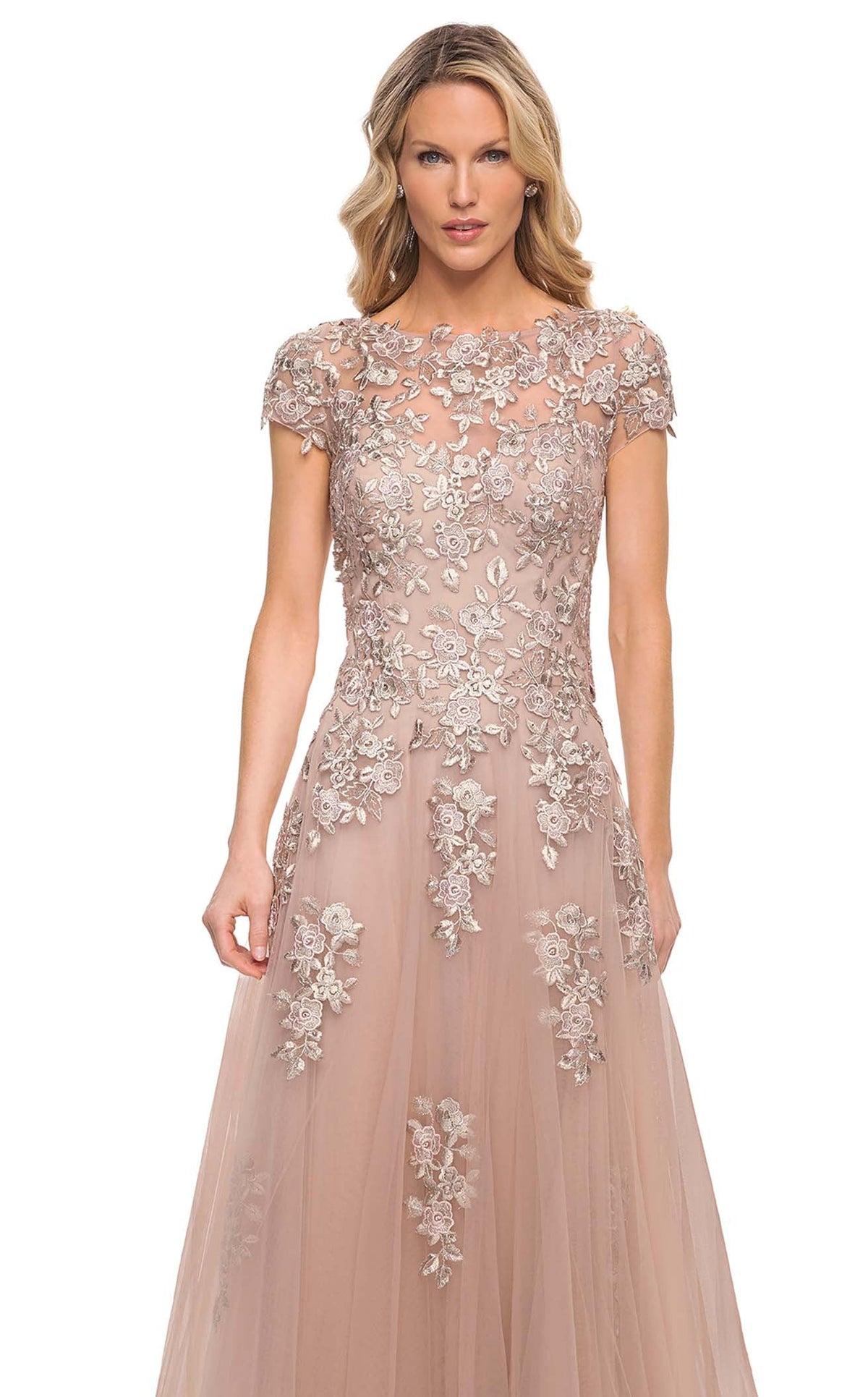 La Femme 29829C Tulle Beaded Embroidered Short Sleeves Formal Dress