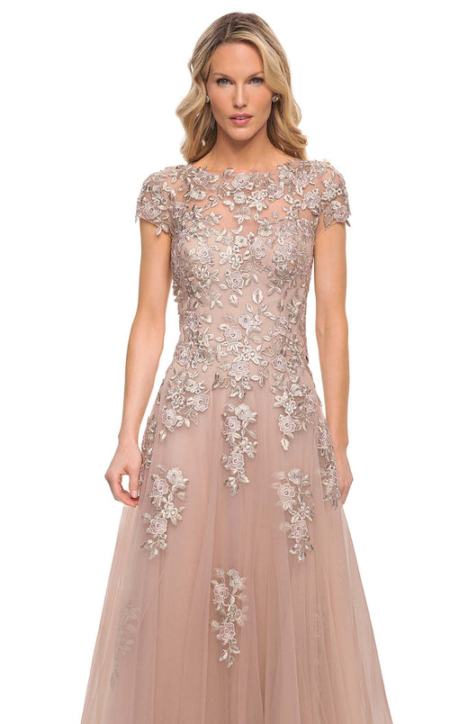 La Femme 29829C Tulle Beaded Embroidered Short Sleeves Formal Dress