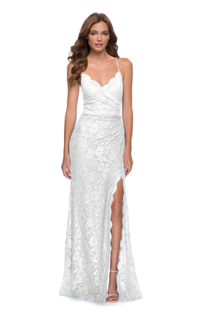 La Femme 29939C Lace Embroidered Slit V Neck Prom Dress
