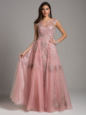 Lara 29946 Mauve Illusion Neck Embroidered Organza Ball Gown