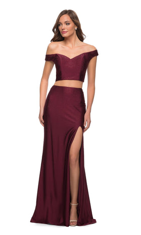 La Femme 29951 Floor-Length Off-the-Shoulder Rhinestone-Embellished Stretch Jersey Prom Dress with Side Slit