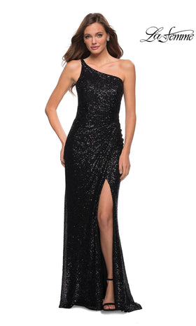 La Femme 29962 Floor-Length One-Shoulder Sequin Prom Dress with Side Slit and Open Back