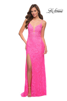La Femme 29987 Floor-Length Plunging V-Neck Lace Prom Dress with High Slit and Open Back
