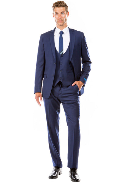 Traje de negocios de raya diplomática micromini de corte híbrido con dos botones y chaleco para hombre en azul marino