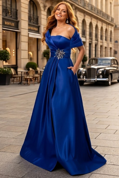 Terani Couture 251M4441 Glamorous Formal One-Shoulder A-Line Long Evening Satin Dress