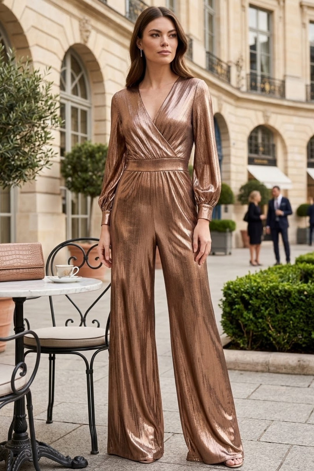 Lara 8121 Metallic Shimmer V-Neck Stretchy Long Sleeve Jumpsuit with Pockets