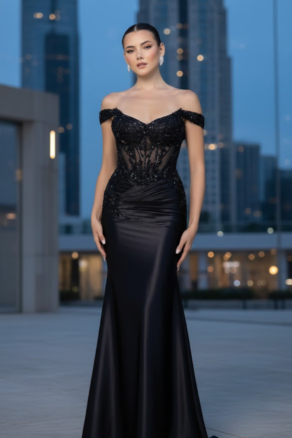May Queen BLACK Satin with Sheer Mesh &amp; Beaded Lace Embellishments Prom Dress