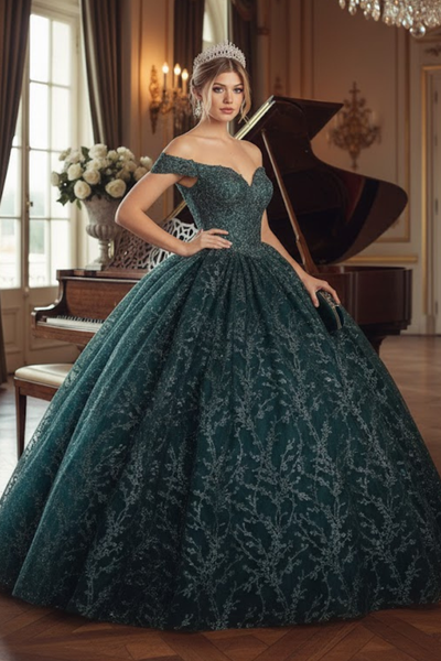 Off Shoulder Corset Quinceanera Glitter Ball Gown