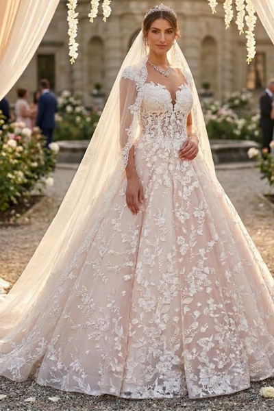 A-Line Wedding Dress with Cap Sleeves & Illusion Boat Neckline