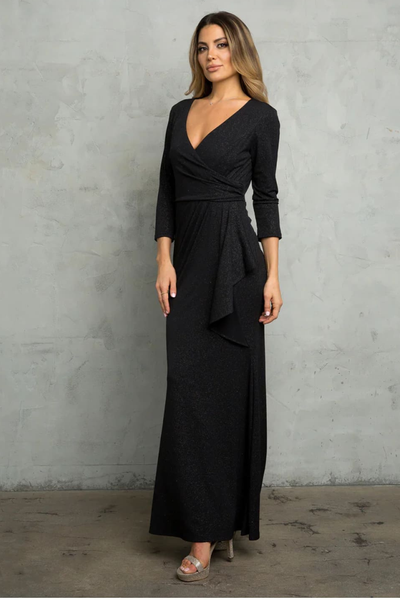 Black Funeral Dress for Women V-neck 3/4 Sleeve Ankle Length Gown