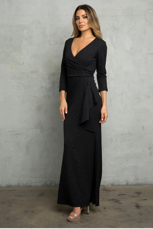 Black Funeral Dress for Women V-neck 3/4 Sleeve Ankle Length Gown