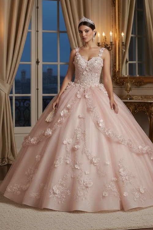 Strapless Sweetheart Floral Applique Ball Gown