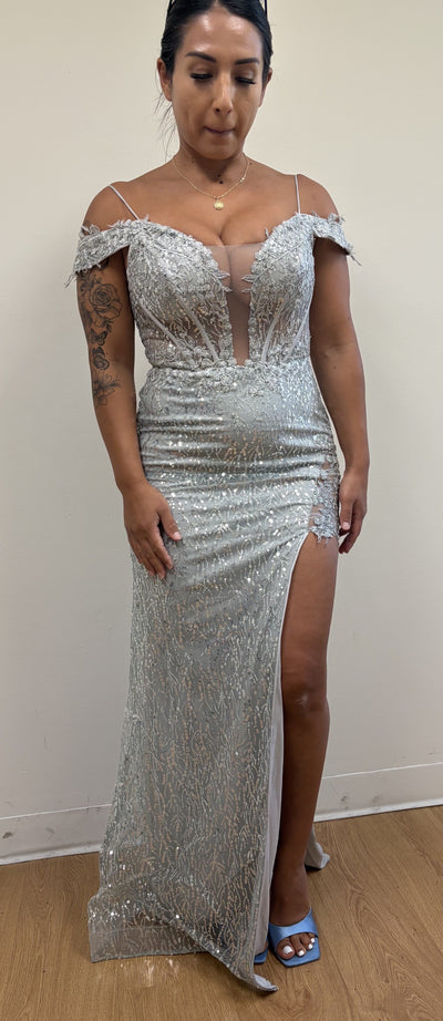 Royal Queen RQ8084 Silver Evening Dress Sequin High Slit Prom Gown