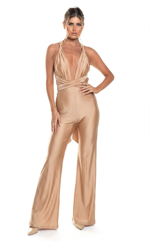 Backless Halter Wide-Leg Plunge-Neck Evening Jumpsuit with Crisscross Back by Jessica Angel 849